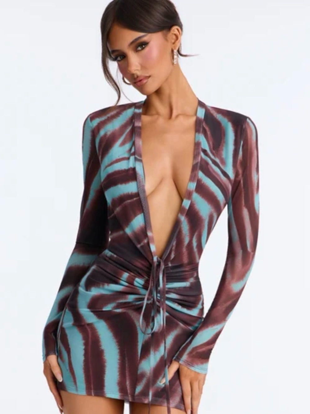 Fashion Nova Teal and Brown Tie-Front Deep V Mini Dress